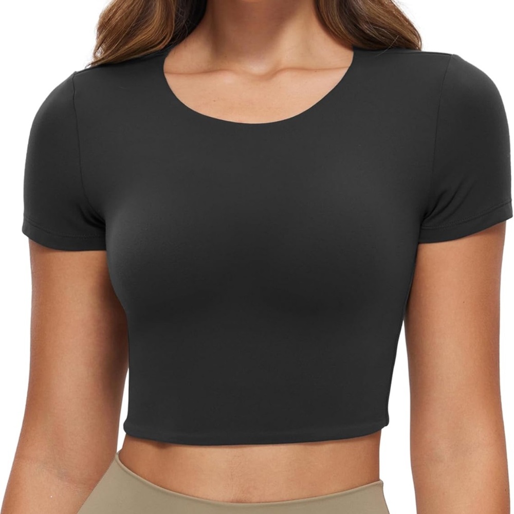 CRZ YOGA Butterluxe Crop Short Sleeve Tee Shirt in Black | Small | NEW